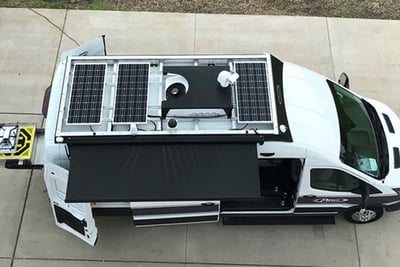 The top of a Critical Response Unit (CRU-22) vehicle showing the many feature of the outer compartments, such as the Fotokite system, solar panels, scene lighting, an awning, and more. 