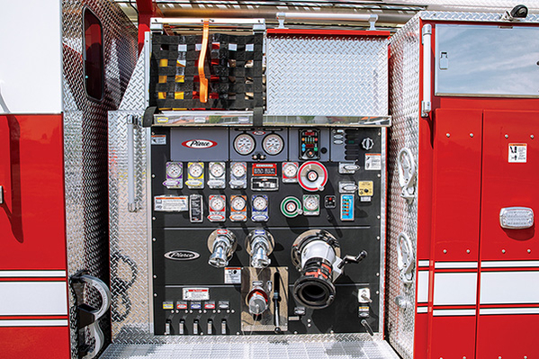 Ergonomically designed and organized pump panel and crosslays on aerial fire truck