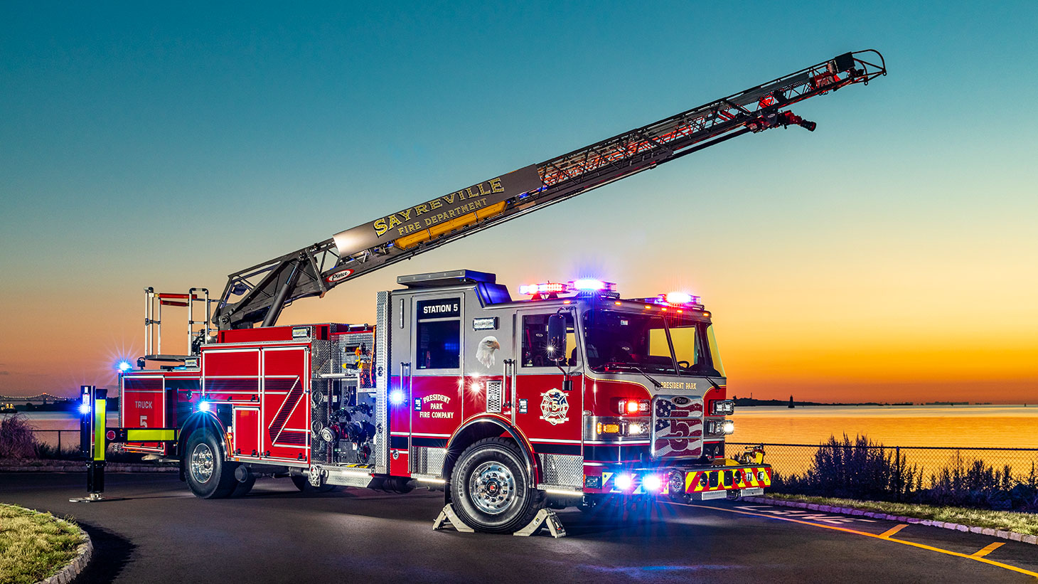 Sayreville Fire Deparment 75 Aerial Ladder Extended in Sunset