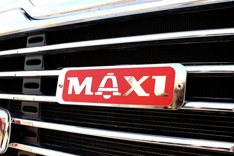 Maxi-metal logo on the front of a Pierce Custom Fire Apparatus.