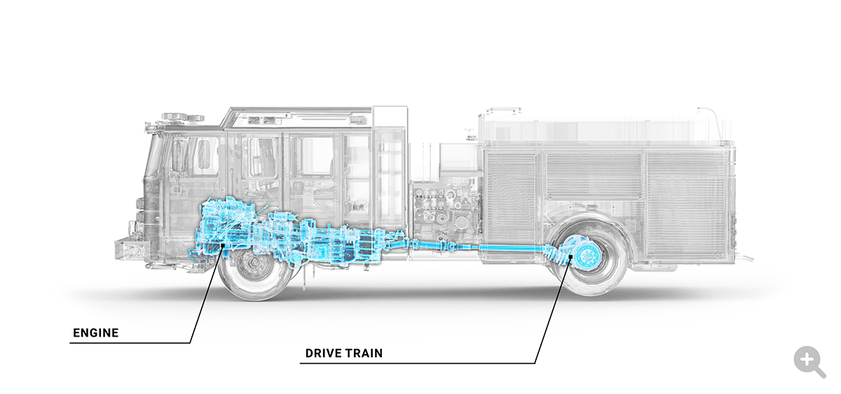 Pierce Volterra Diesel fire truck internal engine and drive train system. 