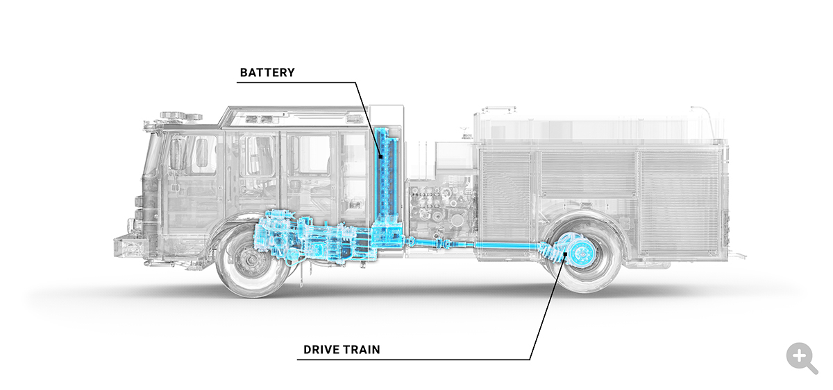 Pierce Volterra electric fire truck internal driving battery and drive train system. 
