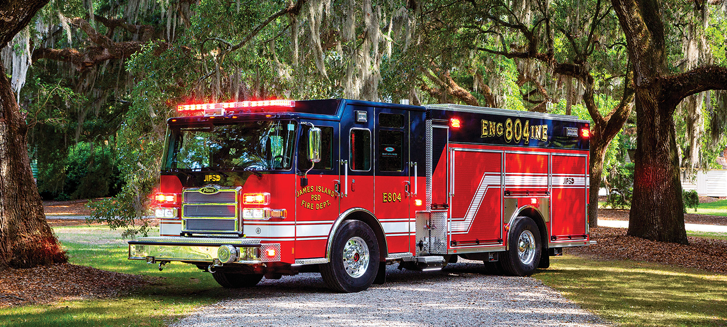 Pierce Fire Truck in front of trees in James Island South Carolina